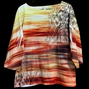 Chico’s Women Red Multi “SUNSET” Nature Inspired Print 3/4 Sleeve Top Sz-L